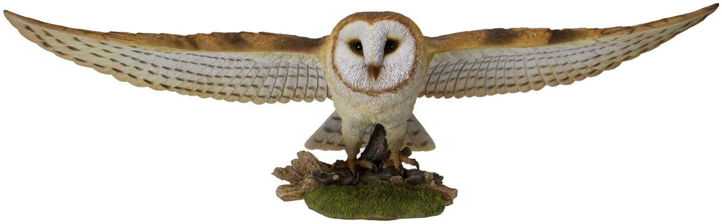 Large Realistic Common Barn Owl Swooping Over Tree Stump Glass Eyes Statue 30"L - Image 2