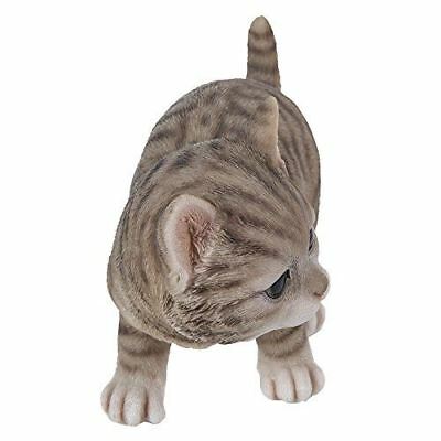 Lifelike Crouching Grey Striped Tabby Cat Statue 8.25"Long Realistic Glass Eyes - Image 2