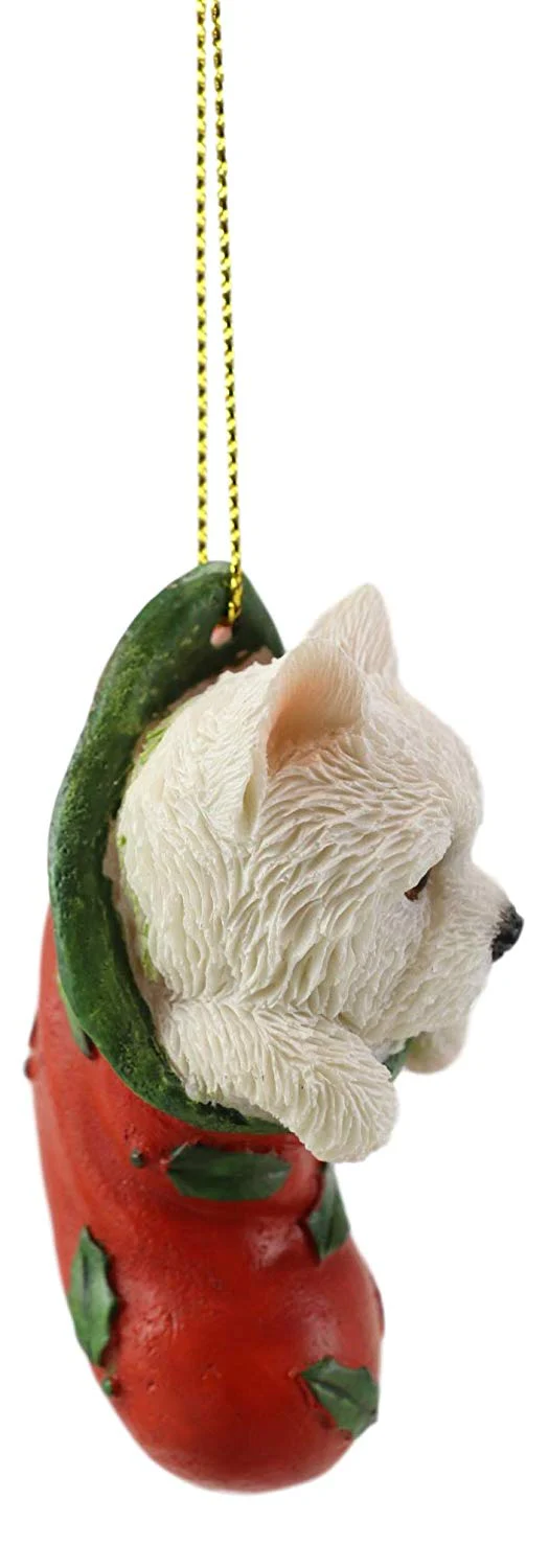 Ebros Lifelike White Westie in The Sock Small Hanging Ornament Figurine with Glass Eyes Adorable West Highland Terrier Holiday Festive Season Decor for Christmas Trees Animal Pet Collectible - Image 4