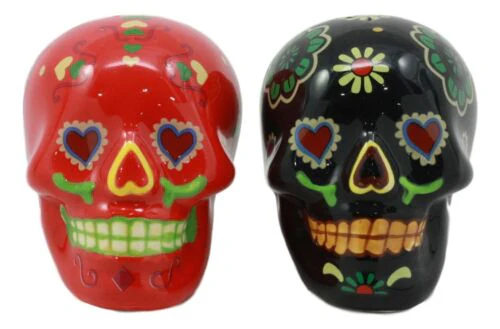 Day Of The Dead Black And Red Floral Sugar Skulls Salt Pepper Shakers Set - Image 3
