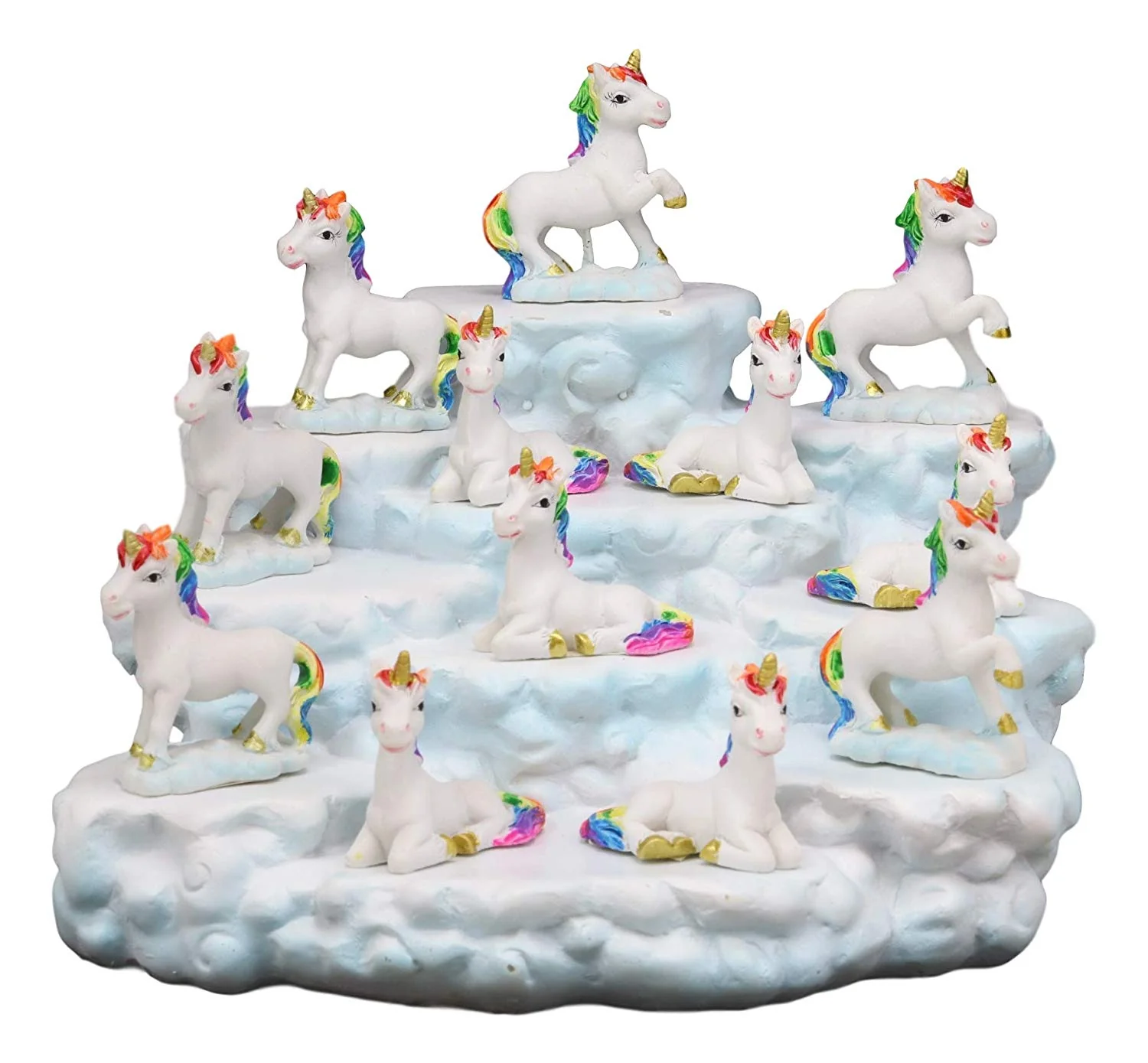 Ebros Magical Clear Blue Sky Clouds Terrace Castle Display Stand Figurine with 12 Miniature Rainbow Unicorns with Golden Horns Decorative Fairy Garden Accent Centerpiece Set - Image 2