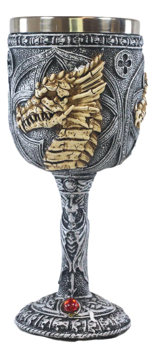 Ebros Medieval Fantasy Rune Dragon Skeleton Fossil 5oz Wine Drink Goblet Chalice - Image 3