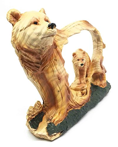 Rustic Faux Wood Wildlife Grizzly Bear With Cub Roaming The Forests Figurine - Image 2