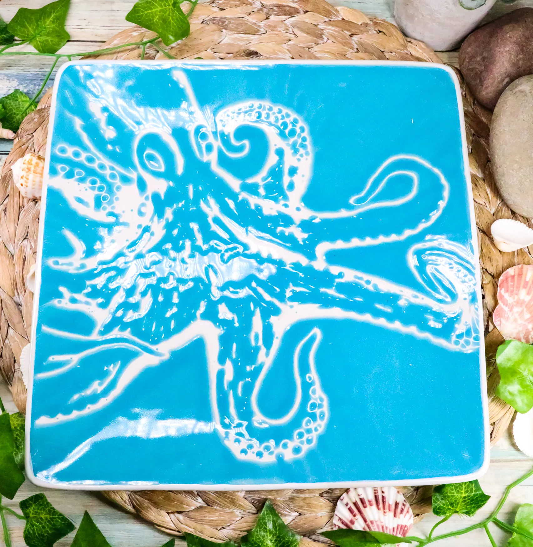 Ebros Nautical Giant Octopus Blue Large Dinner Plate Set of 2 Square 10.75"D - Image 3