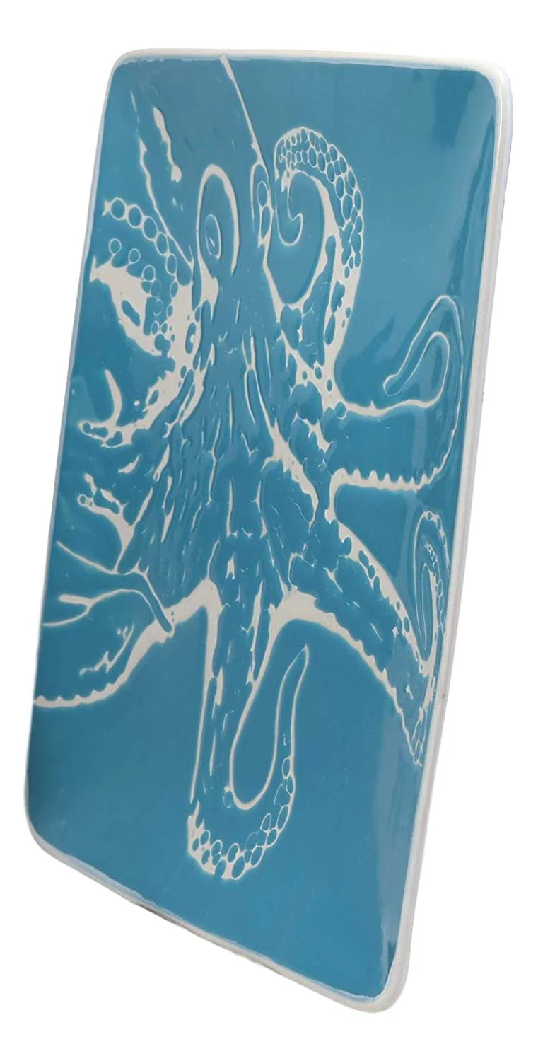 Ebros Nautical Giant Octopus Blue Large Dinner Plate Set of 2 Square 10.75"D - Image 4
