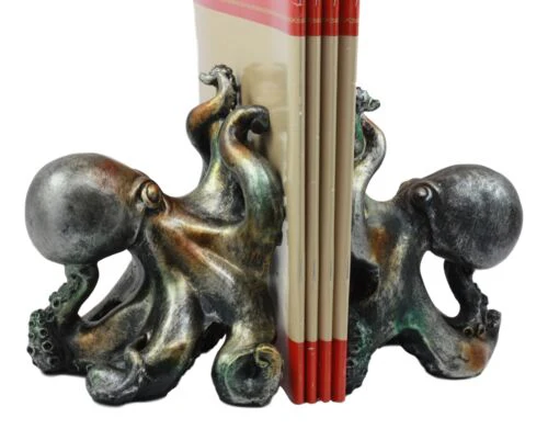 Ebros Nautical Coastal Sea Monster Octopus Bookends Set Statue in Faded Bronze Antique Finish 6.25" H - Image 4