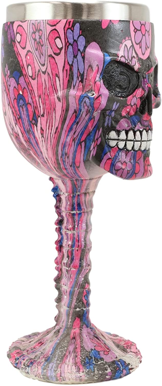 Ebros Pink Floral Sugar Skull Wine Goblet Chalice Beverage Drinkware 7.25"H - Image 2