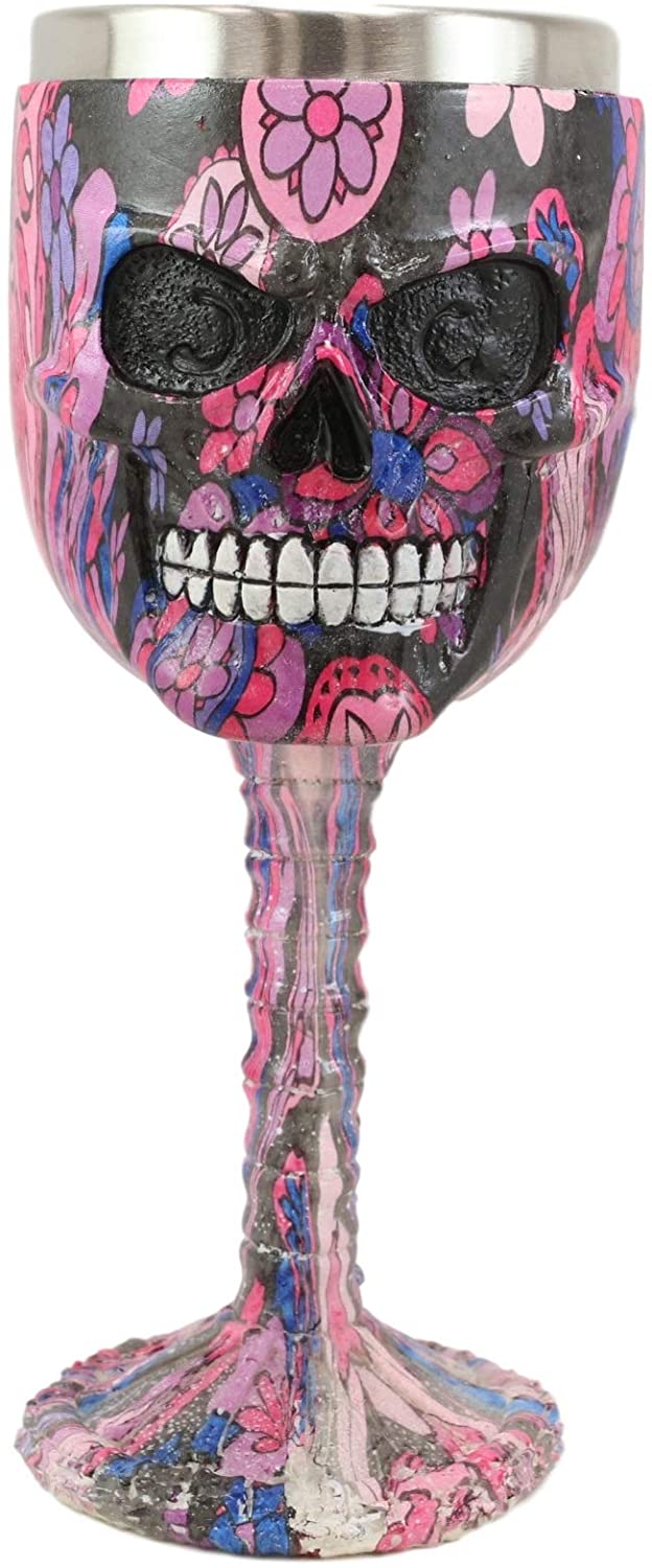 Ebros Pink Floral Sugar Skull Wine Goblet Chalice Beverage Drinkware 7.25"H - Image 4