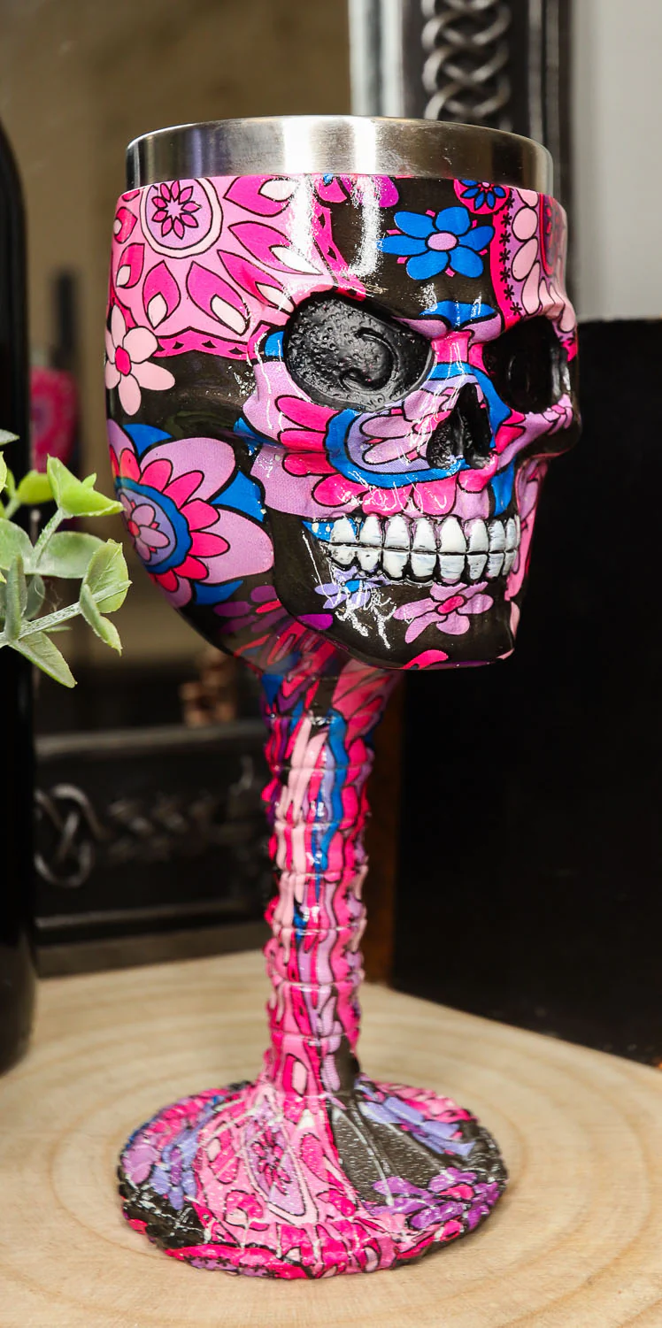 Ebros Pink Floral Sugar Skull Wine Goblet Chalice Beverage Drinkware 7.25"H - Image 5