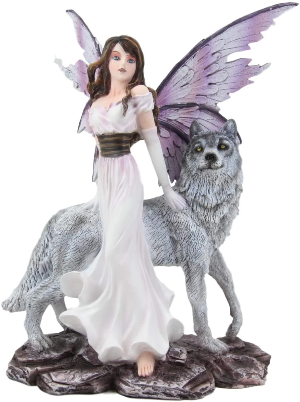 Ebros Purple Winged Fairy Diana with Alpha Snow Direwolf Wolf Statue 10" Tall - Image 6