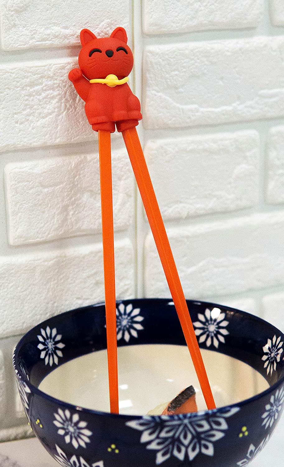 Ebros Red Maneki Neko Cat Reusable Training Chopsticks Set With Silicone Helper - Image 2