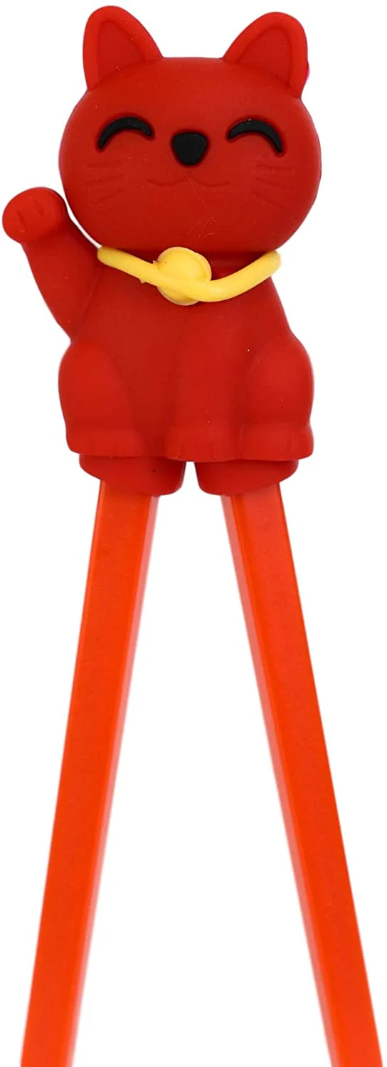 Ebros Red Maneki Neko Cat Reusable Training Chopsticks Set With Silicone Helper - Image 3