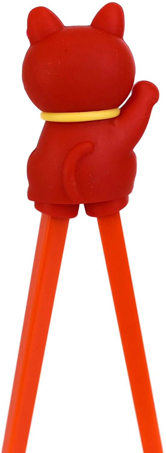 Ebros Red Maneki Neko Cat Reusable Training Chopsticks Set With Silicone Helper - Image 5