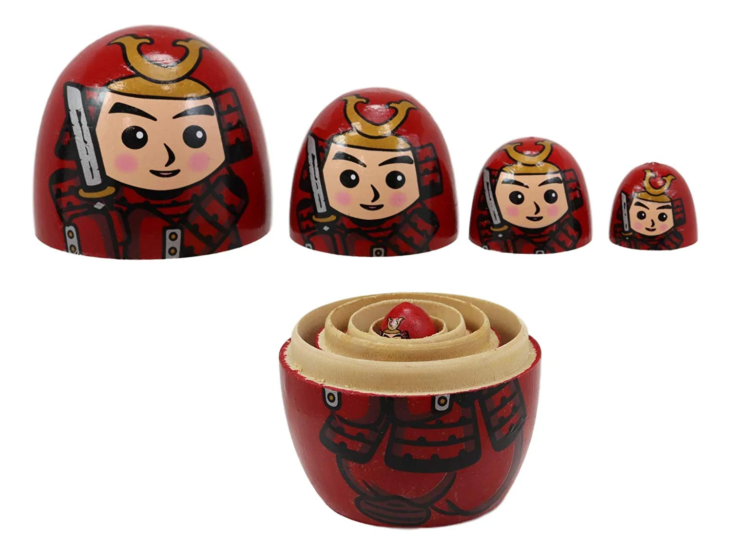 Red Japanese Samurai Wooden Stacking Matryoshka Nesting Dolls 5 Piece Set Toy - Image 4