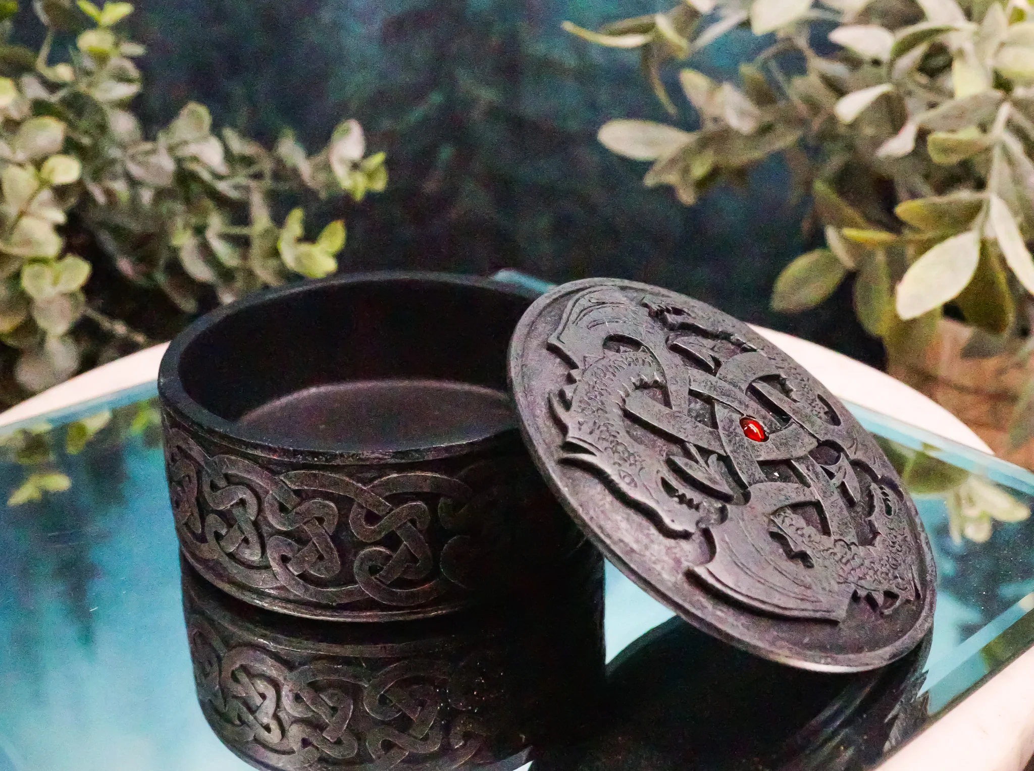 Fantasy Round Celtic Dragon Triad With Red Gem Jewelry Box Figurine 3.5"Diameter - Image 11