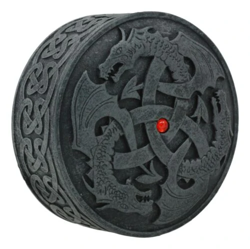 Fantasy Round Celtic Dragon Triad With Red Gem Jewelry Box Figurine 3.5"Diameter - Image 3