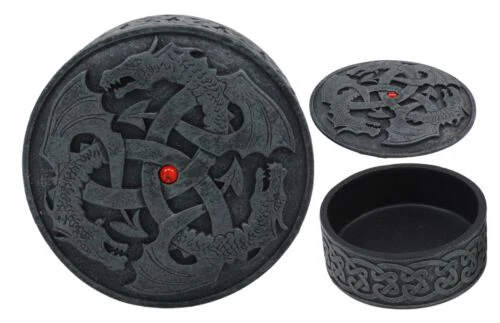 Fantasy Round Celtic Dragon Triad With Red Gem Jewelry Box Figurine 3.5"Diameter - Image 4