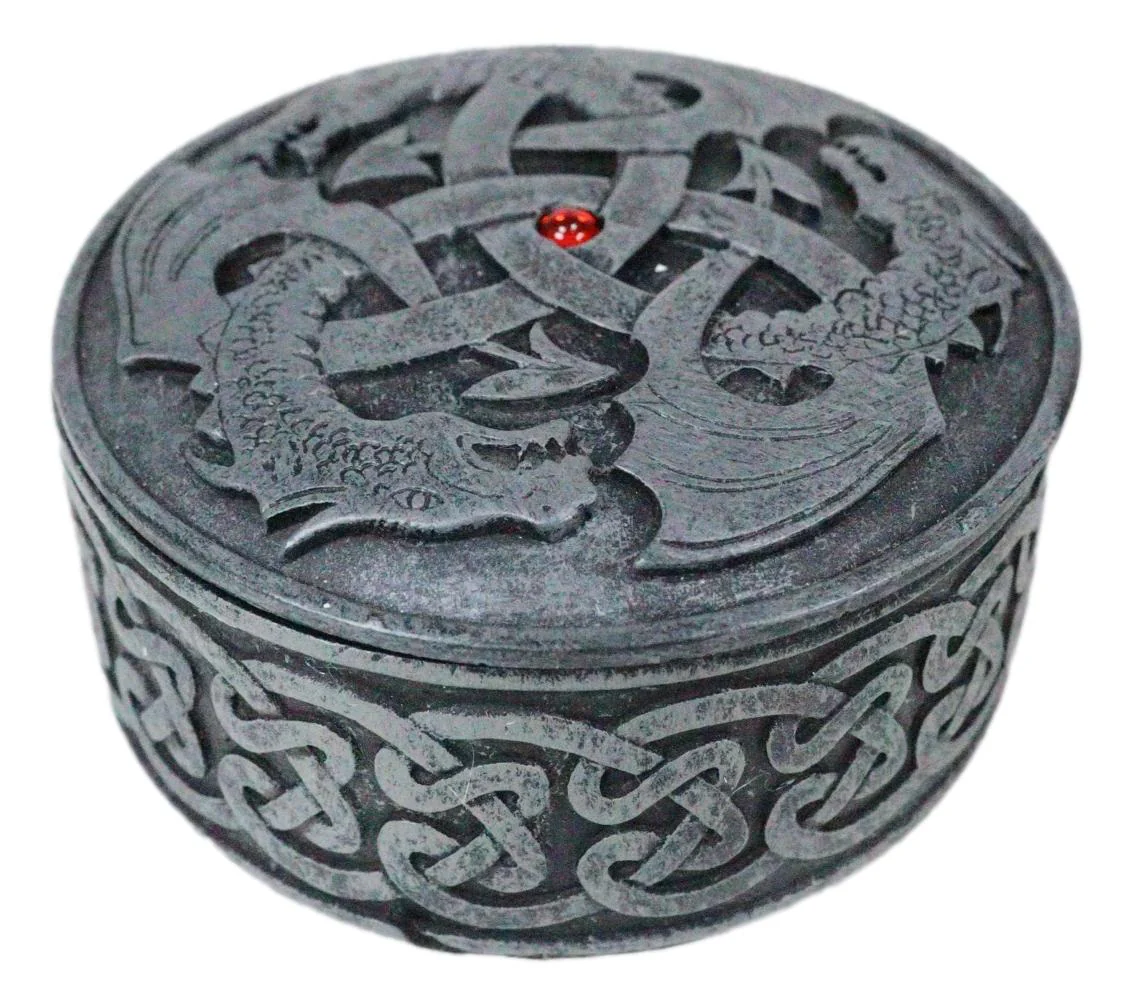 Fantasy Round Celtic Dragon Triad With Red Gem Jewelry Box Figurine 3.5"Diameter - Image 6