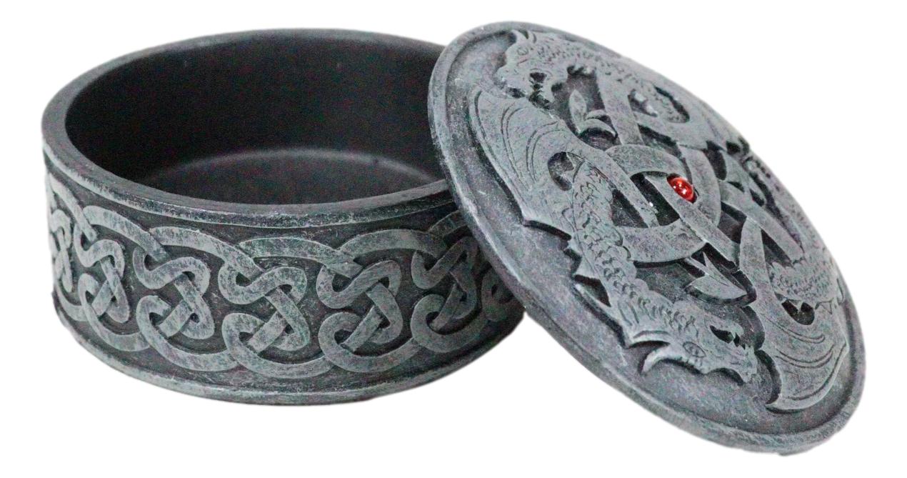 Fantasy Round Celtic Dragon Triad With Red Gem Jewelry Box Figurine 3.5"Diameter - Image 9