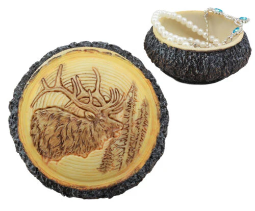 Ebros Rustic Faux Wood Wild Bull Moose Round Jewelry Box Figurine 4" Diameter - Image 3