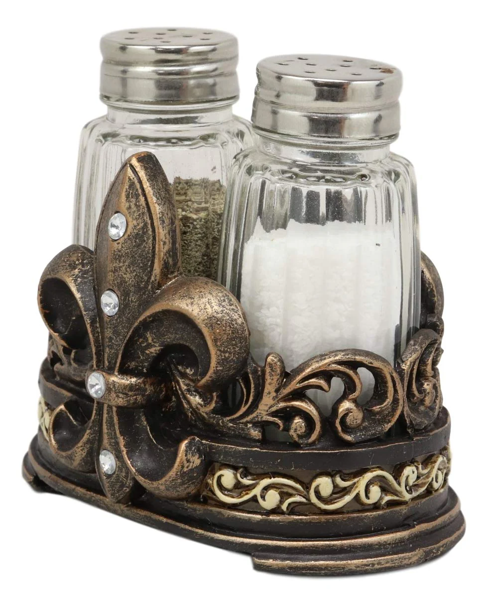 Ebros Rustic Western Tuscany Fleur De Lis Crown Figurine Display Holder With Glass Salt And Pepper Shakers In Faded Bronze Finish Home And Kitchen Dining Decorative Statue Southwestern Creole Decor - Image 2