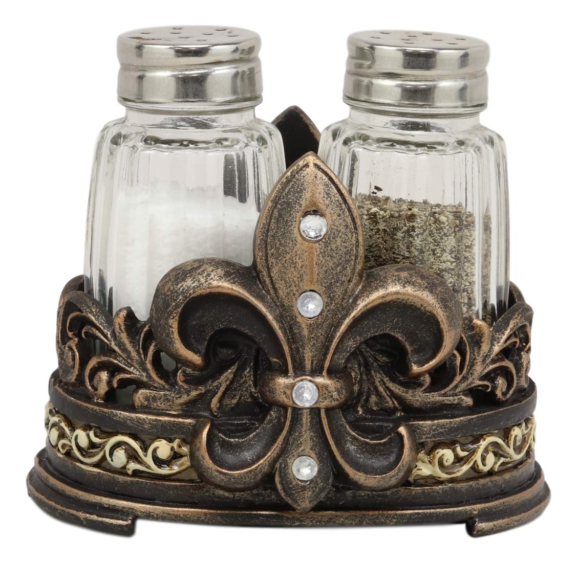 Ebros Rustic Western Tuscany Fleur De Lis Crown Figurine Display Holder With Glass Salt And Pepper Shakers In Faded Bronze Finish Home And Kitchen Dining Decorative Statue Southwestern Creole Decor - Image 3