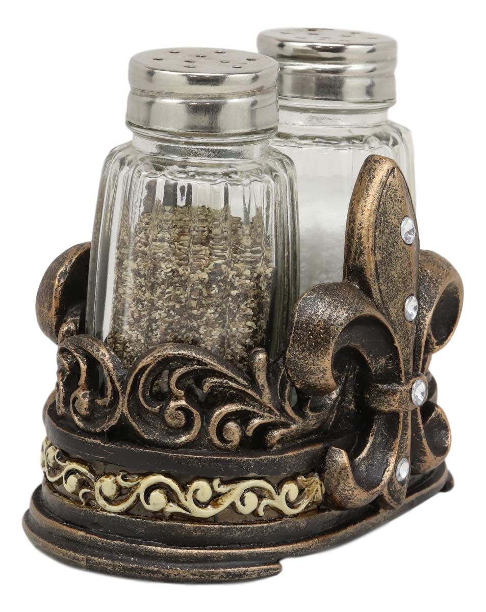 Ebros Rustic Western Tuscany Fleur De Lis Crown Figurine Display Holder With Glass Salt And Pepper Shakers In Faded Bronze Finish Home And Kitchen Dining Decorative Statue Southwestern Creole Decor - Image 4
