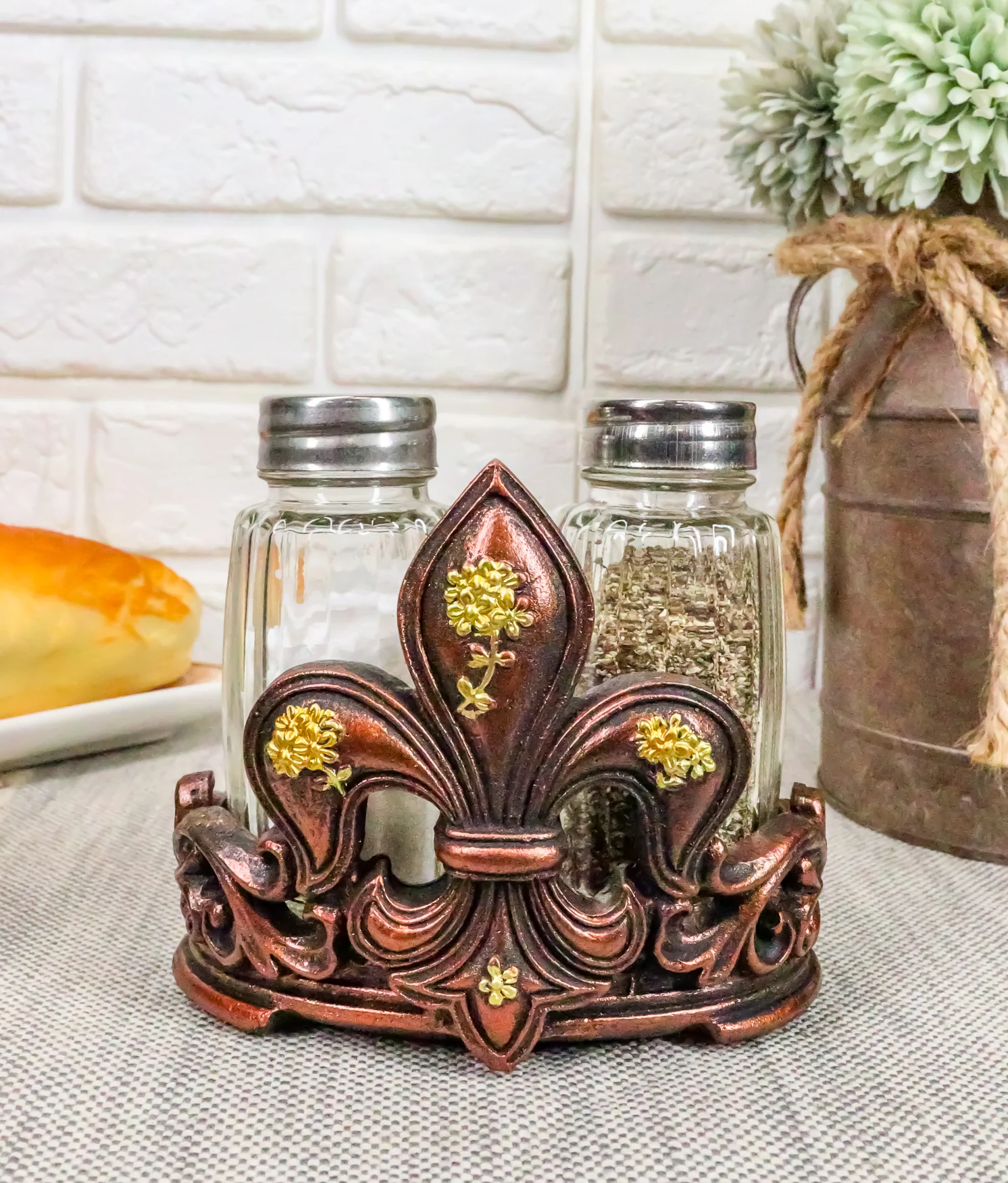Western Tuscany Fleur De Lis Golden Flowers Salt And Pepper Shakers Holder Set - Image 6