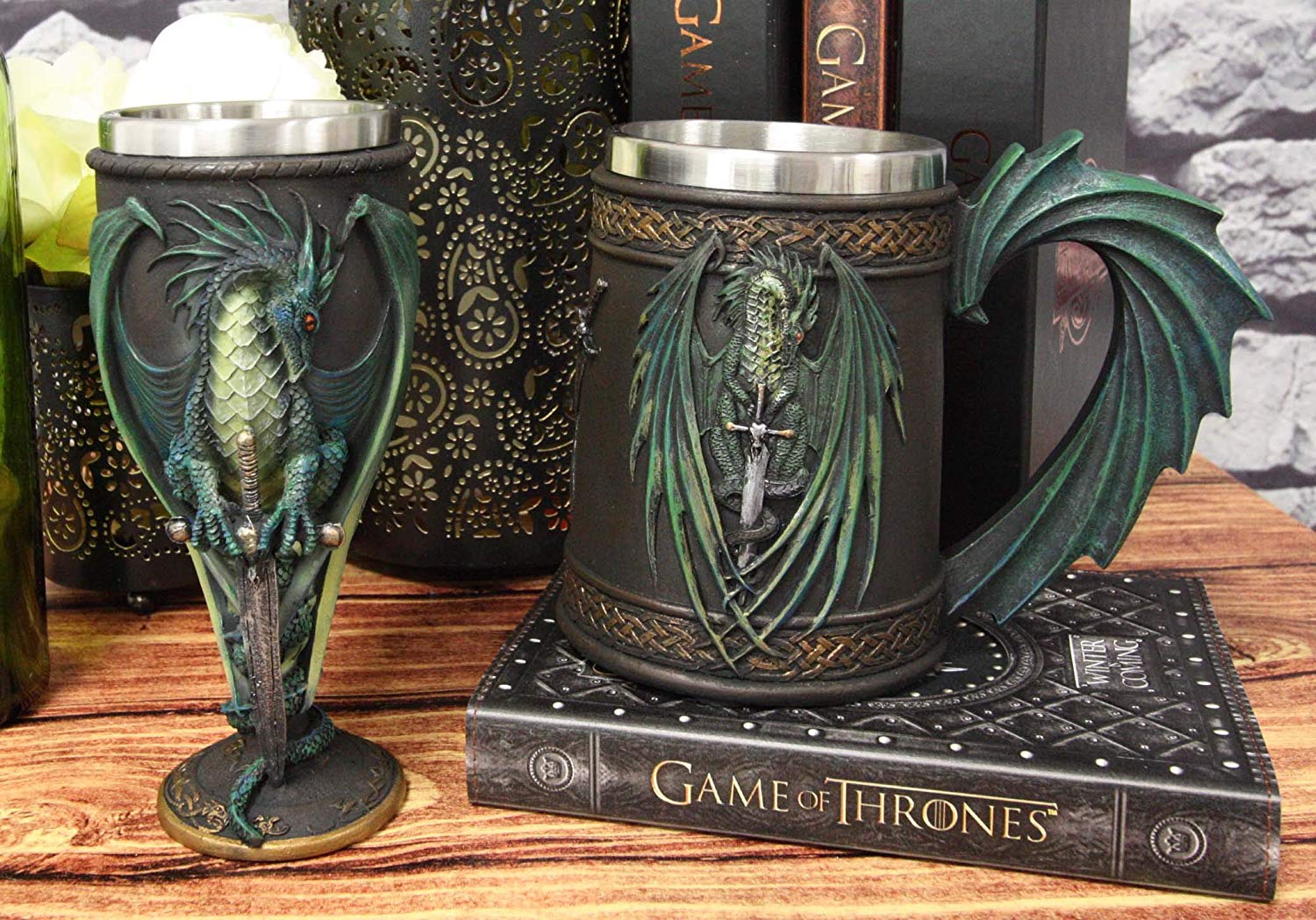 Ebros Ruth Thompson Dragon's Lair Skull Blade Drake Mug And Wine Goblet Set
