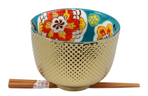 Ebros Set of 2 Luxury Gold Plated Ramen Noodle Bowls With Chopsticks 5"Diameter Made Of Ceramic Ideal For Home or Graduation Gift (Turquoise Flower Blossom) - Image 3