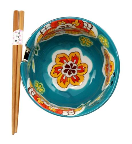 Ebros Set of 2 Luxury Gold Plated Ramen Noodle Bowls With Chopsticks 5"Diameter Made Of Ceramic Ideal For Home or Graduation Gift (Turquoise Flower Blossom) - Image 4