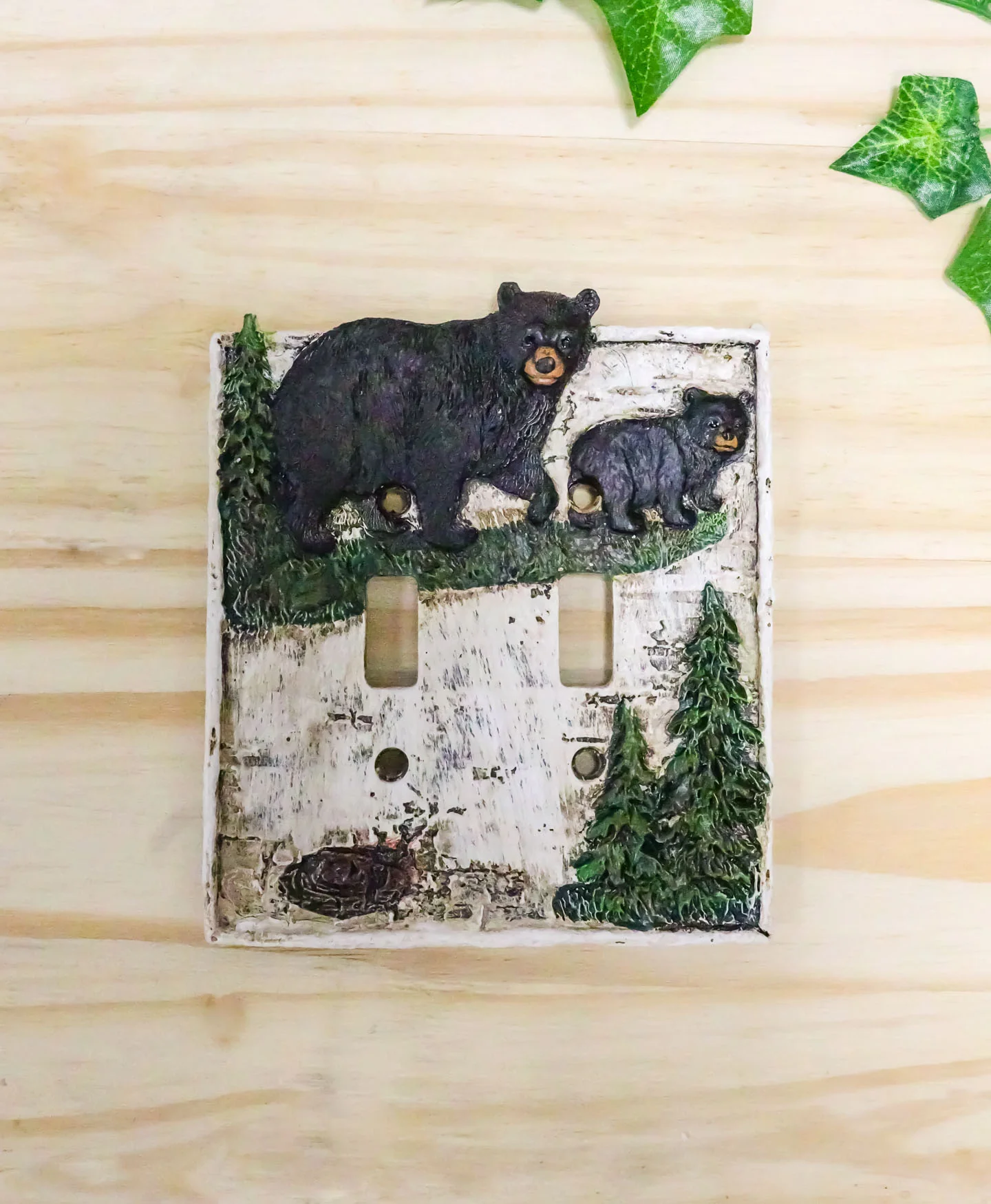 Ebros Set of 2 Pine Trees Bear Electrical Wall Cover Plate Double Toggle Switch - Image 3