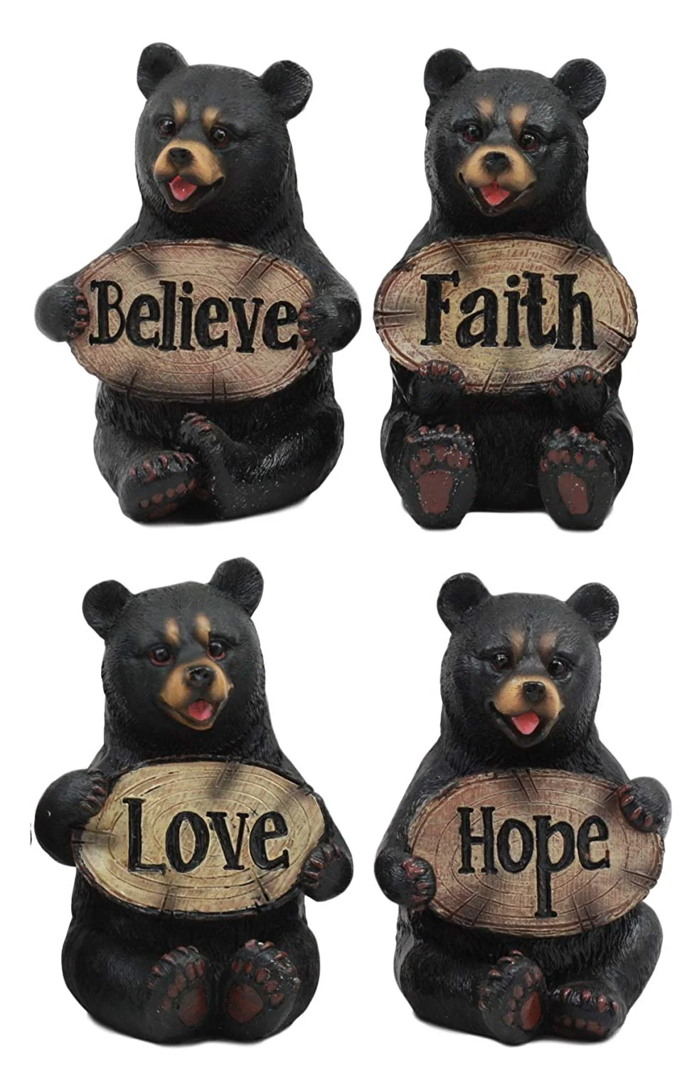Ebros Set of 4 Inspirational Bears Statues Whimsical Cute Black Bear Holding Love Believe Faith and Hope Sign Plaque Small Figurines Western Decor Rustic Nature Lovers - Image 2
