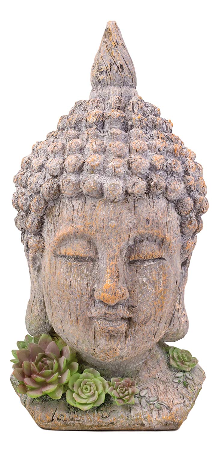 Ebros Shakyamuni Buddha Gautama Ushnisha Head with Floral Succulents Statue 14.75" Tall in Aged Rustic Faux Wood Finish Amitabha Buddhism Bodhisattva Figurine Feng Shui Zen Altar Decoration - Image 2