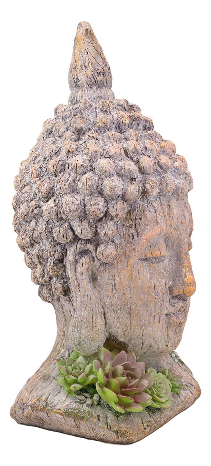 Ebros Shakyamuni Buddha Gautama Ushnisha Head with Floral Succulents Statue 14.75" Tall in Aged Rustic Faux Wood Finish Amitabha Buddhism Bodhisattva Figurine Feng Shui Zen Altar Decoration - Image 3