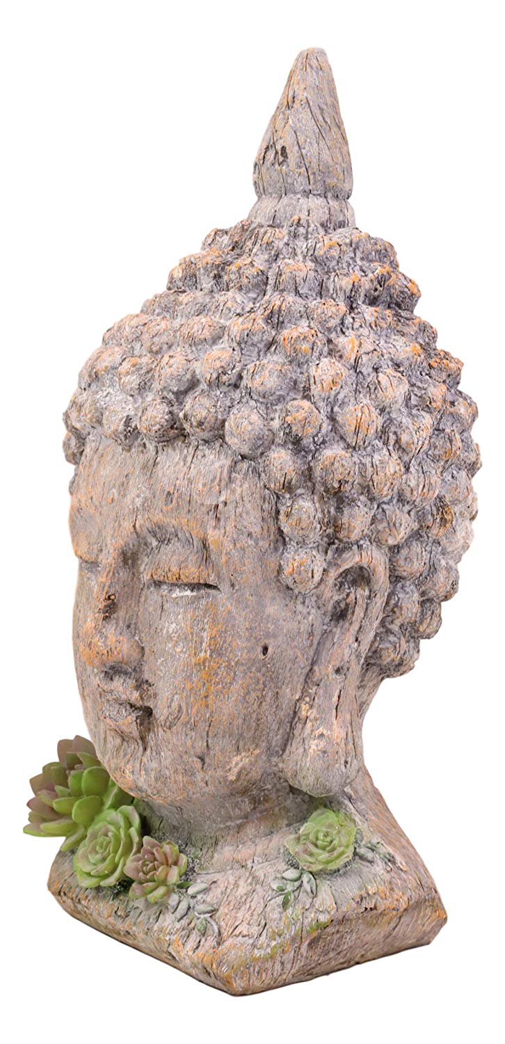 Ebros Shakyamuni Buddha Gautama Ushnisha Head with Floral Succulents Statue 14.75" Tall in Aged Rustic Faux Wood Finish Amitabha Buddhism Bodhisattva Figurine Feng Shui Zen Altar Decoration - Image 5