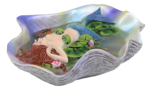 Ebros Sheila Wolk Elan Vital Sculpture Red Haired Mermaid Sleeping On Water Lilies With Koi Fishes In A Giant Clam Shell Pond Figurine Fantasy Mermaids Pirates Sirens Decor Statue 6.75"Long - Image 3