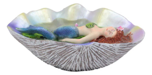 Ebros Sheila Wolk Elan Vital Sculpture Red Haired Mermaid Sleeping On Water Lilies With Koi Fishes In A Giant Clam Shell Pond Figurine Fantasy Mermaids Pirates Sirens Decor Statue 6.75"Long - Image 4