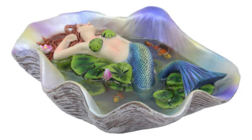 Ebros Sheila Wolk Elan Vital Sculpture Red Haired Mermaid Sleeping On Water Lilies With Koi Fishes In A Giant Clam Shell Pond Figurine Fantasy Mermaids Pirates Sirens Decor Statue 6.75"Long - Image 5