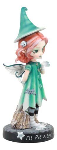 Magic Spell Dolly Fae Green Star Witch Fairy With Flying Broomstick Statue Decor - Image 2