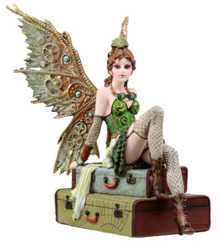 Ebros Steampunk Burlesque Traveler Fairy Sitting On Suitcases Figurine 9" H Victorian Atlas Globe Faerie with Clockwork Wings (Suitcase Atlas) - Image 3