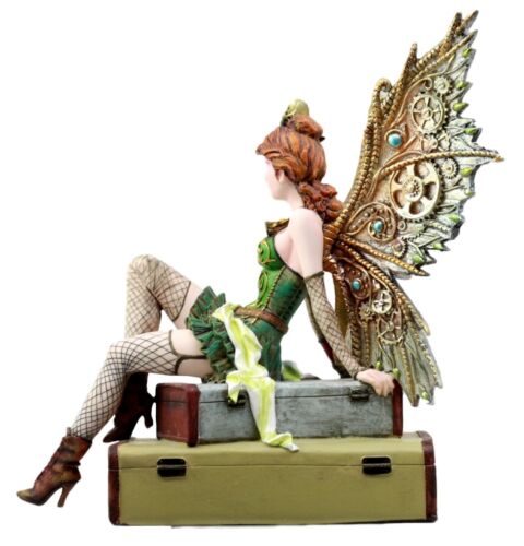 Ebros Steampunk Burlesque Traveler Fairy Sitting On Suitcases Figurine 9" H Victorian Atlas Globe Faerie with Clockwork Wings (Suitcase Atlas) - Image 6