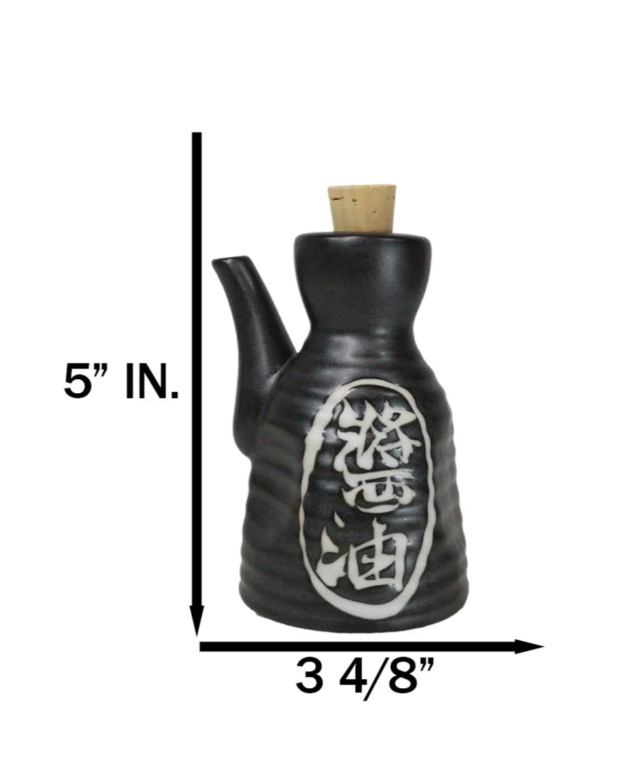 Matte Black Traditional Japanese Soy Sauce Dispenser Flask Tenmoku Porcelain Set - Image 2