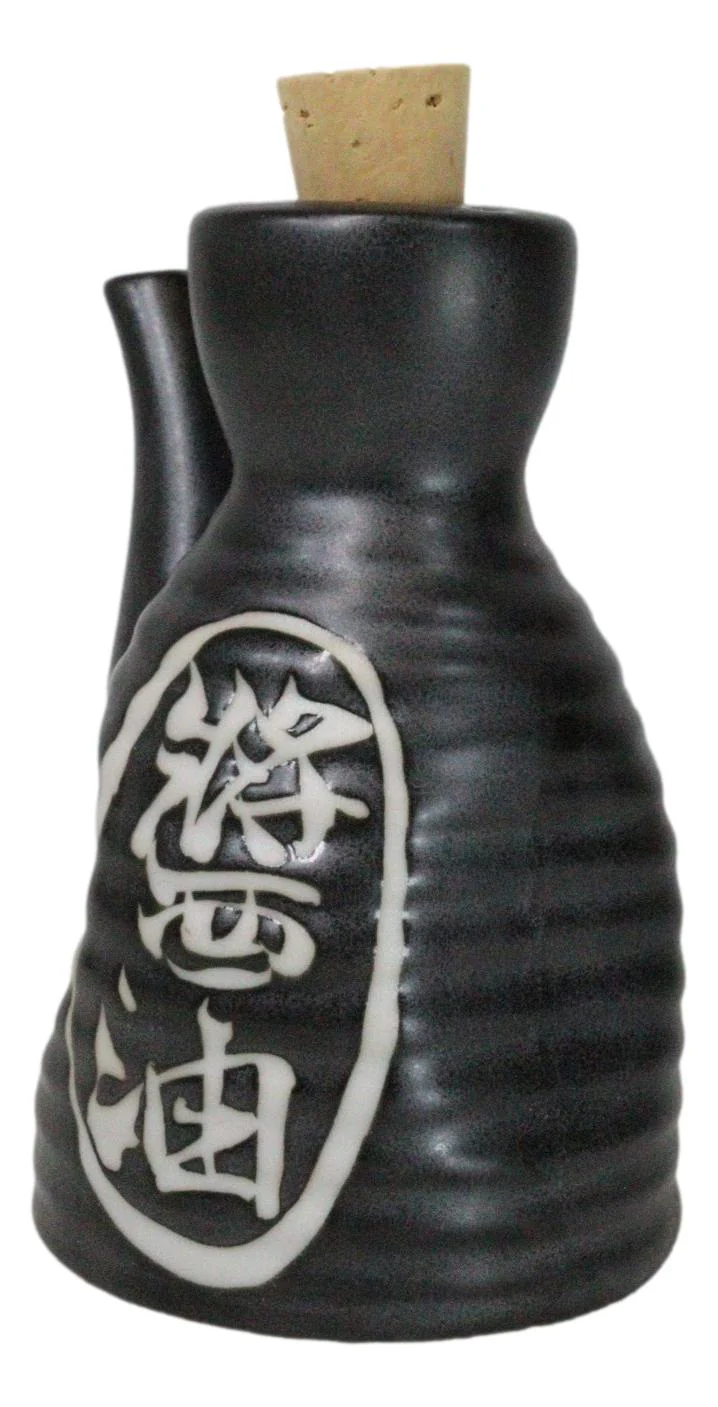 Matte Black Traditional Japanese Soy Sauce Dispenser Flask Tenmoku Porcelain Set - Image 4