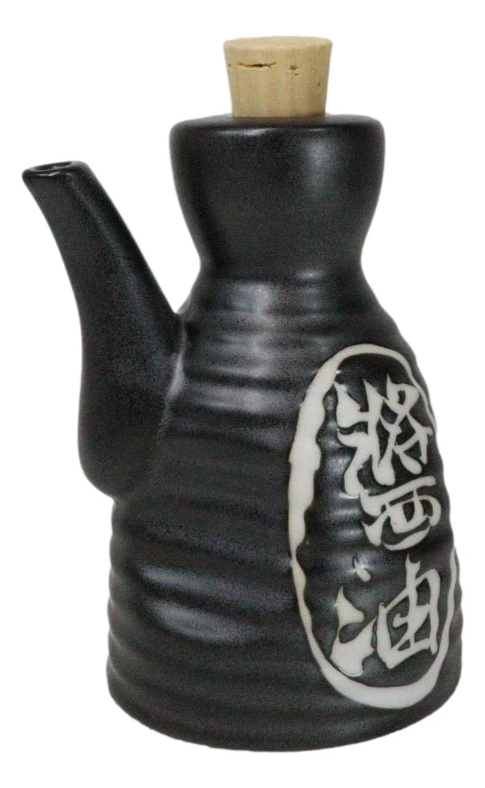 Matte Black Traditional Japanese Soy Sauce Dispenser Flask Tenmoku Porcelain Set - Image 6