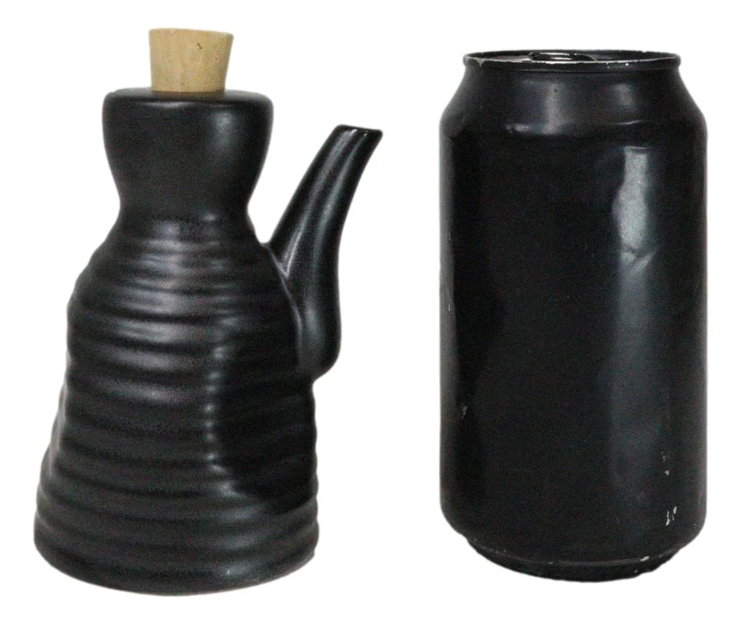 Matte Black Traditional Japanese Soy Sauce Dispenser Flask Tenmoku Porcelain Set - Image 8