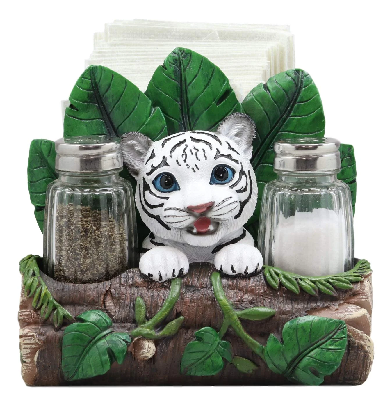 Ebros Rainforest White Tiger Cub Dinner Napkins & Salt Pepper Shakers Holder Set - Image 3