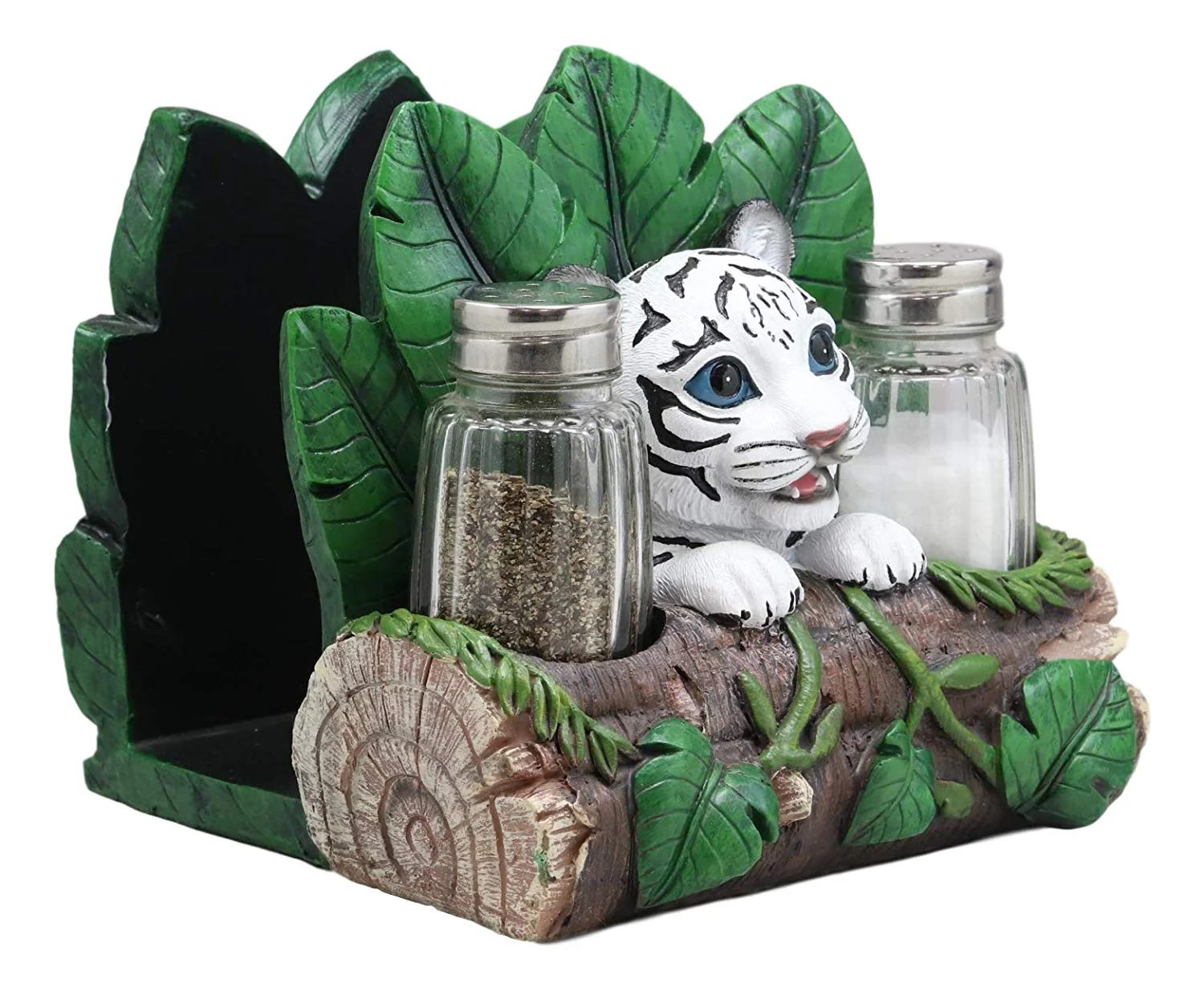 Ebros Rainforest White Tiger Cub Dinner Napkins & Salt Pepper Shakers Holder Set - Image 4