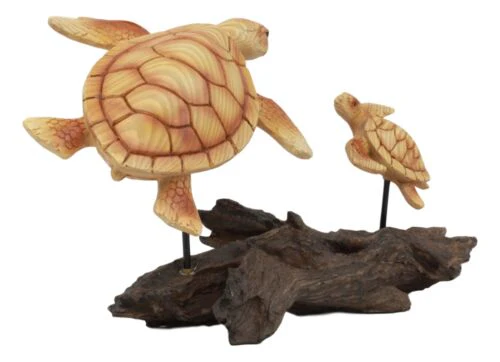 Ebros Under The Sea Mother and Baby Sea Turtle Decor Statue 10" Long Faux Wood Resin Marine Life Turtle Family Scene Figurine - Image 2