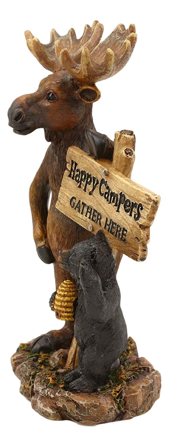 Ebros Black Bear and Elk Moose Standing by Happy Campers Sign Statue 7.25" H - Image 2